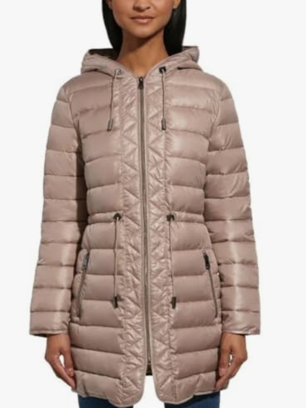 Kenneth Cole New York Women's Beige Down Puffer Jacket M Hood Full Zip Pockets w
